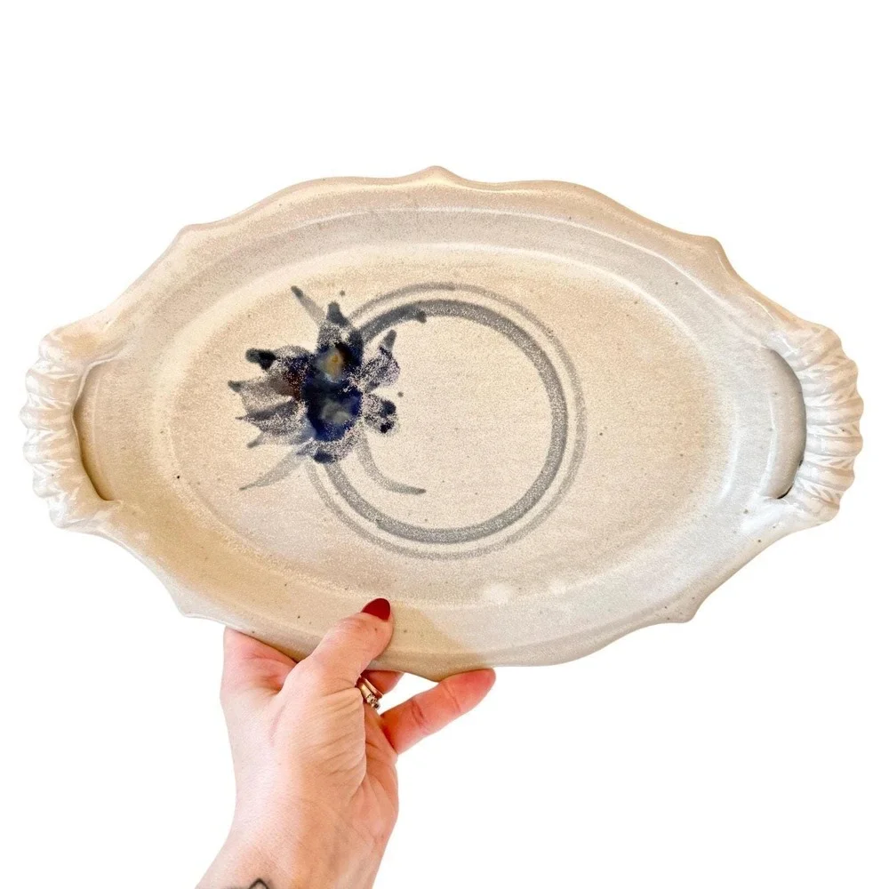 Vintage Blue Botanical Hand Painted Artisan Pottery Tray ~ 12.5